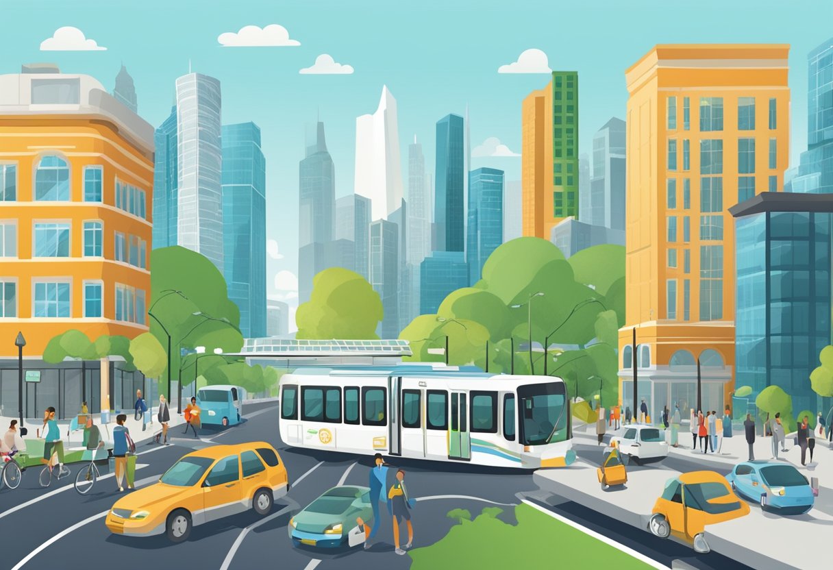 A bustling city with clean, energy-efficient public transportation, waste reduction initiatives, and sustainable infrastructure