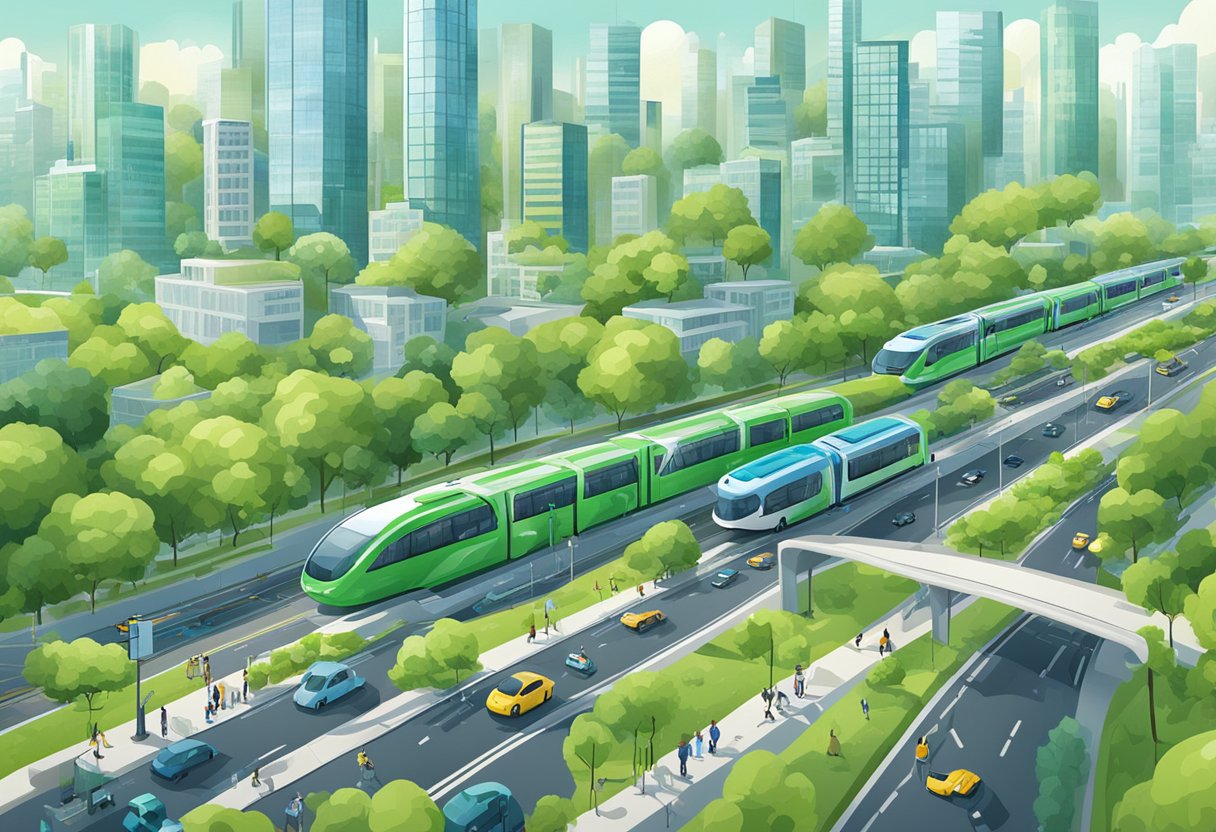 A bustling city with eco-friendly public transportation, cycling lanes, and electric vehicles, surrounded by green spaces and clean air
