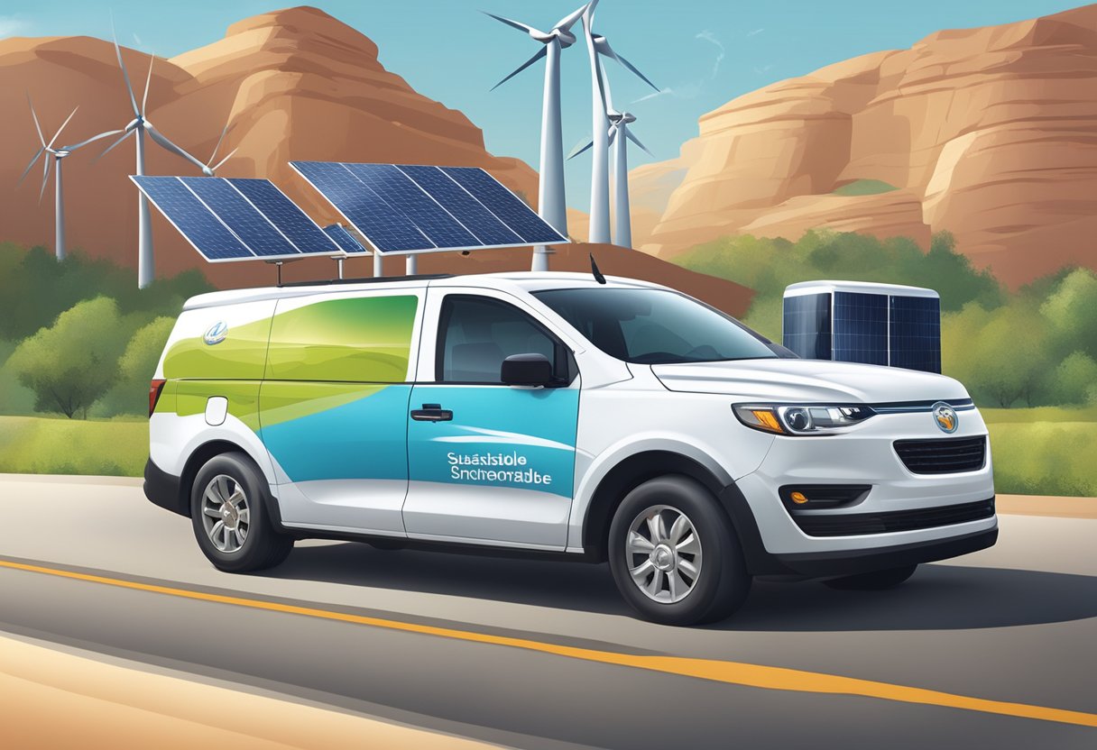 A transportation company's logo prominently displayed on a vehicle, with images of clean energy sources and sustainable practices in the background