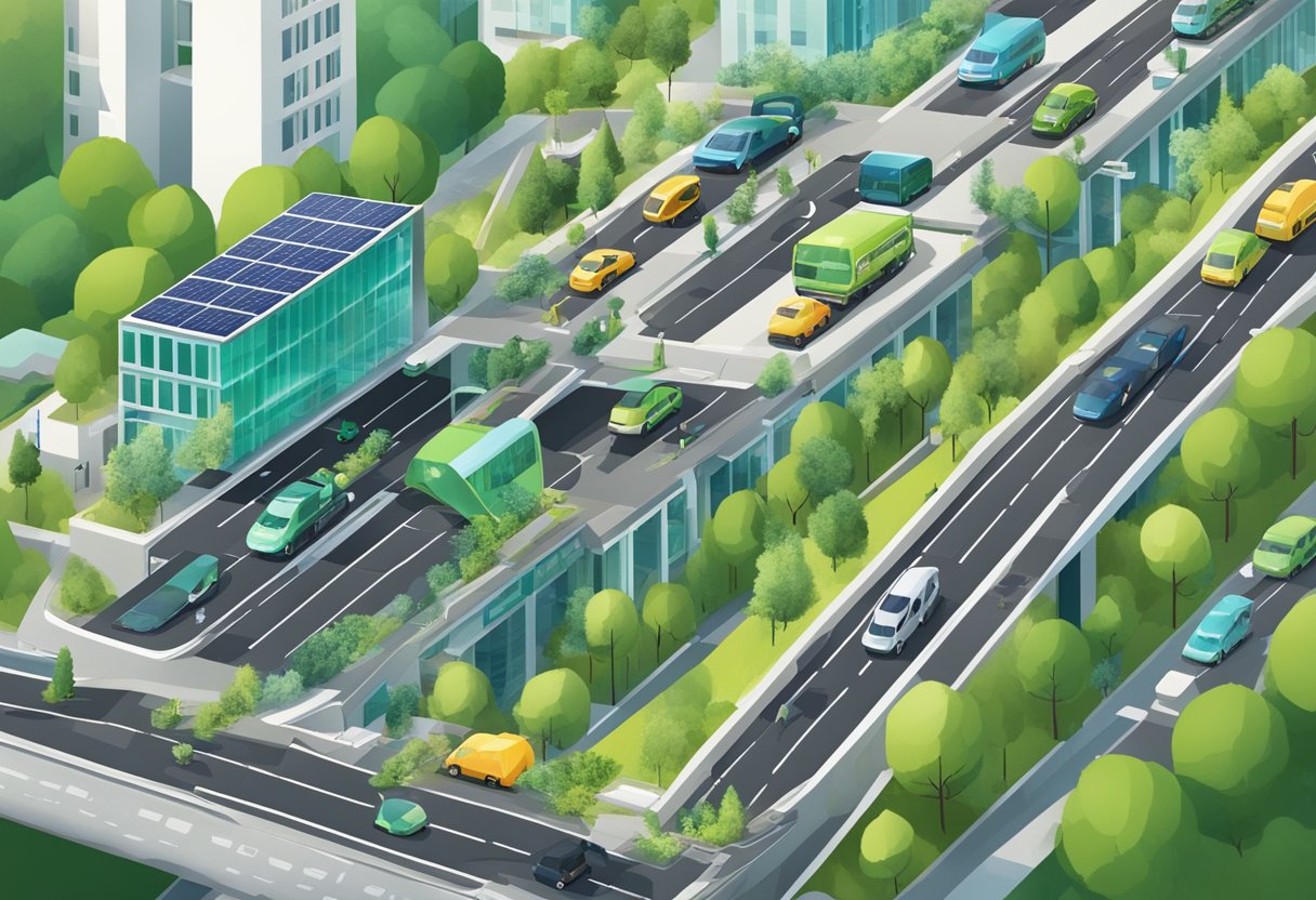 A bustling city with eco-friendly transportation, solar panels, and green infrastructure, showcasing the importance of ESG practices in the transportation sector
